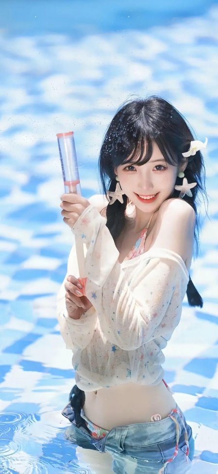 泳池持水枪编发甜美微笑美女人物手机壁纸