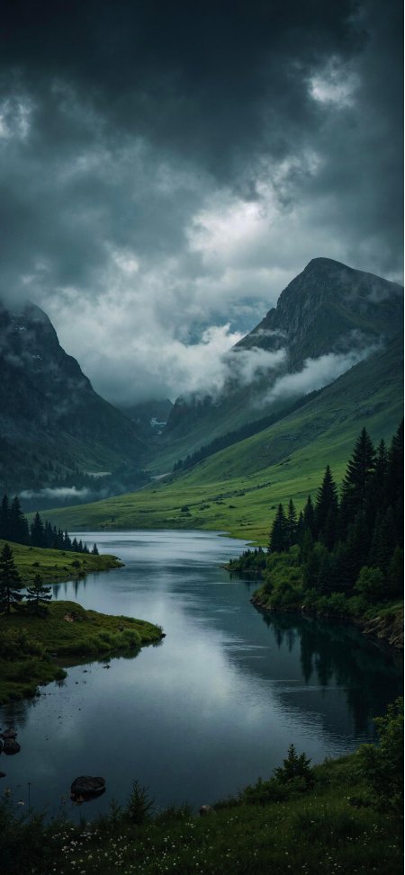 云雾山谷湖泊森林深绿壮丽风景手机壁纸