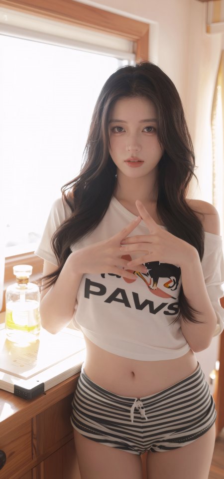 长发美女露肩白衣条纹短裤居家清新人物手机壁纸