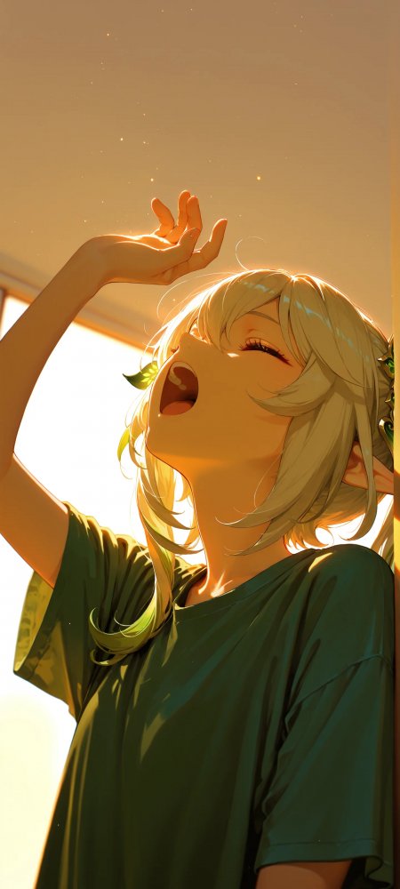 原神纳西妲阳光打哈欠绿衫精灵耳少女动漫手机壁纸