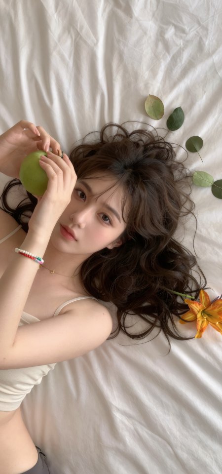 长卷发美女手持青苹果绿叶百合清新人物手机壁纸