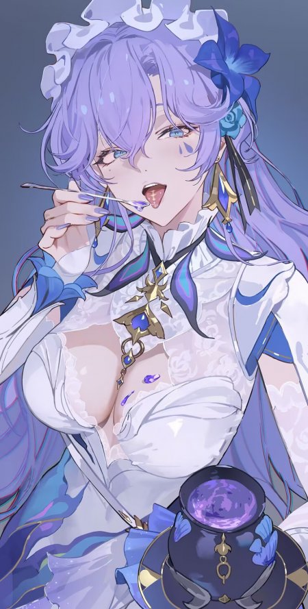 紫发蓝眼蕾丝花饰品尝药剂俏皮少女动漫手机壁纸