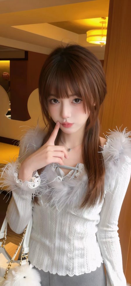 棕发白蕾丝羽毛袖室内暖光美女人物手机壁纸