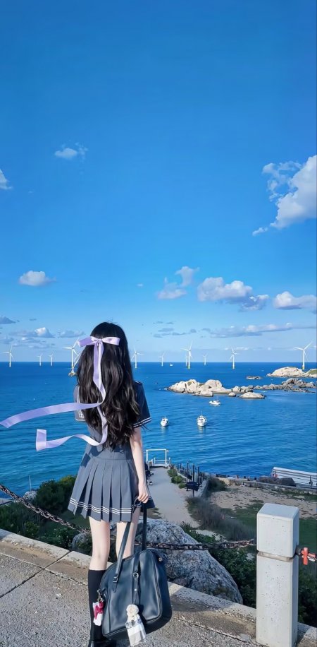 制服背影海边风车蓝天美女人物手机壁纸
