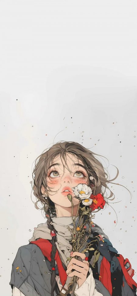 棕灰发辫少女手持野花仰望天空动漫手机壁纸