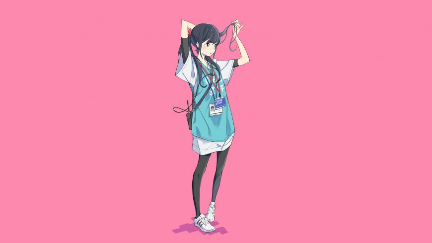 粉色背景运动少女整理长发挂牌动漫电脑壁纸