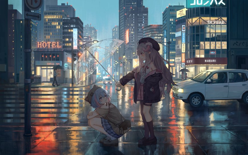 雨夜都市霓虹少女撑伞湿润街道动漫电脑壁纸