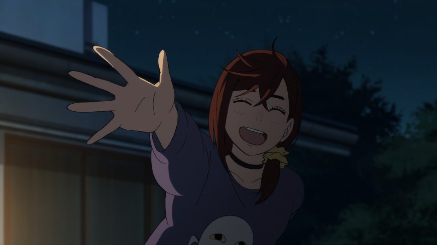 夜空下红发开怀大笑伸手邀约少女动漫电脑壁纸