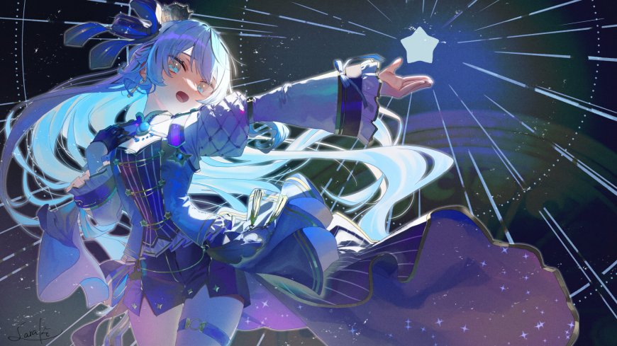 星街彗星蓝发伸手触摸繁星少女动漫电脑壁纸