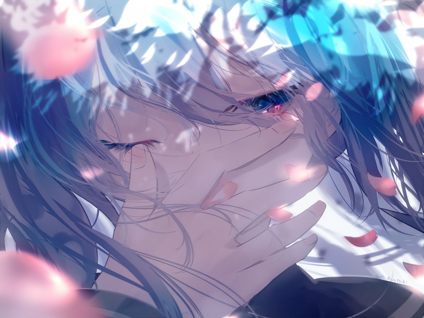 初音未来青发遮脸伤感樱花少女动漫电脑壁纸