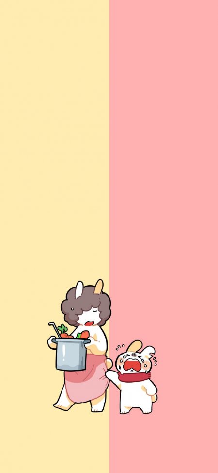 母子兔子做饭哭闹日常温馨幽默插画动物手机壁纸