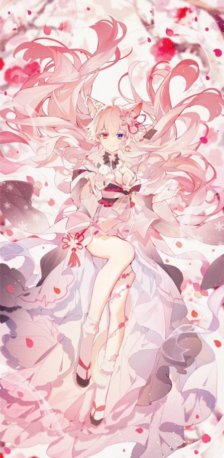 粉樱猫耳少女梦幻飘逸动漫手机壁纸