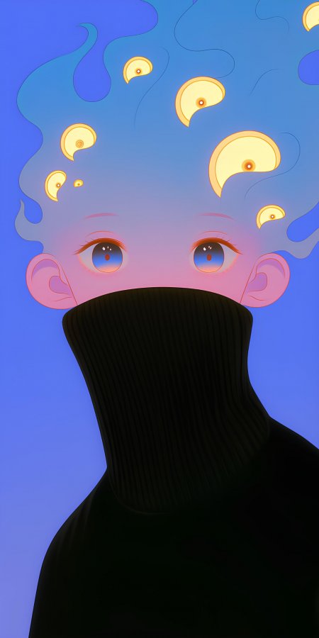 蓝紫渐变高领少女发光眼插画动漫手机壁纸