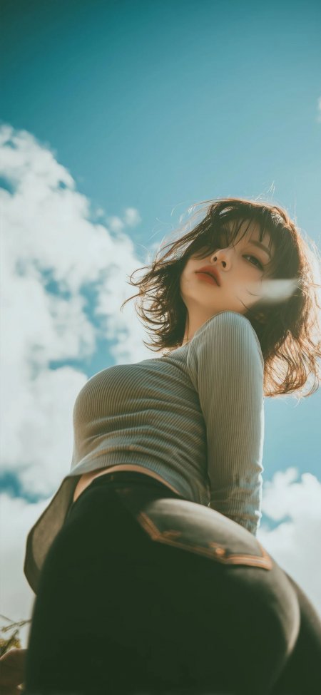 仰拍蓝天白云下短发美女灰衣户外人物手机壁纸
