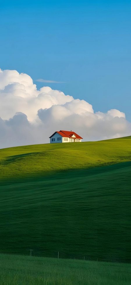 红顶小屋草坡治愈风景手机壁纸