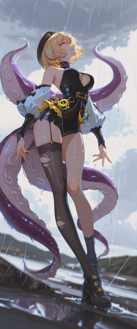 绝区零伊德海莉雨中紫触手黑衣金发少女动漫手机壁纸