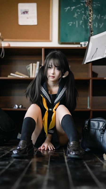 双辫女生水手服制服教室地板文艺美女人物手机壁纸