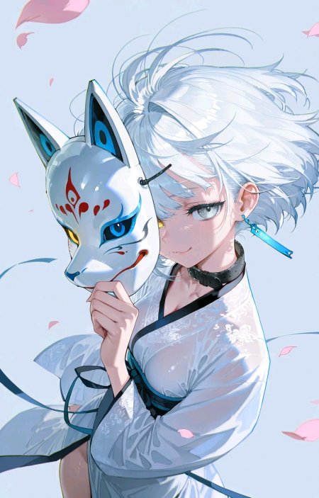 白发少女手持狐面半遮脸和风清透动漫手机壁纸