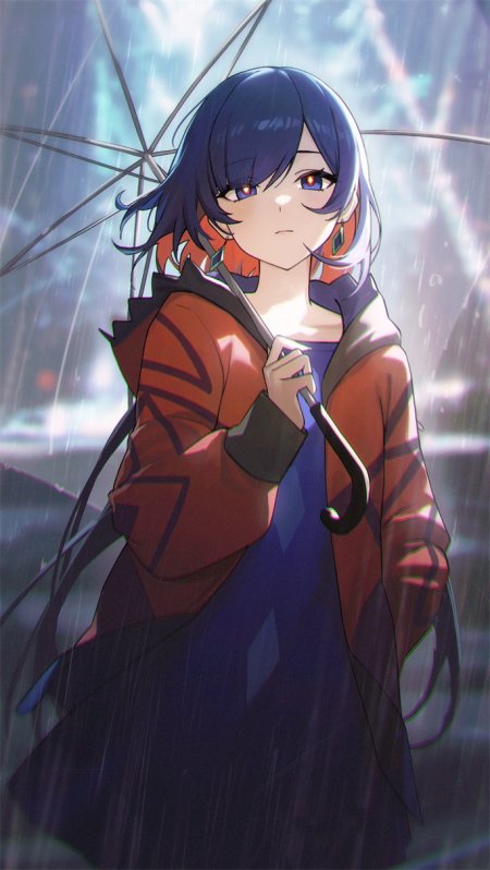 绝区零少女蓝发红衣雨伞雨中忧郁氛围动漫手机壁纸