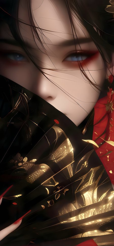 东方美人持扇半遮面暗金红妆插画人物手机壁纸