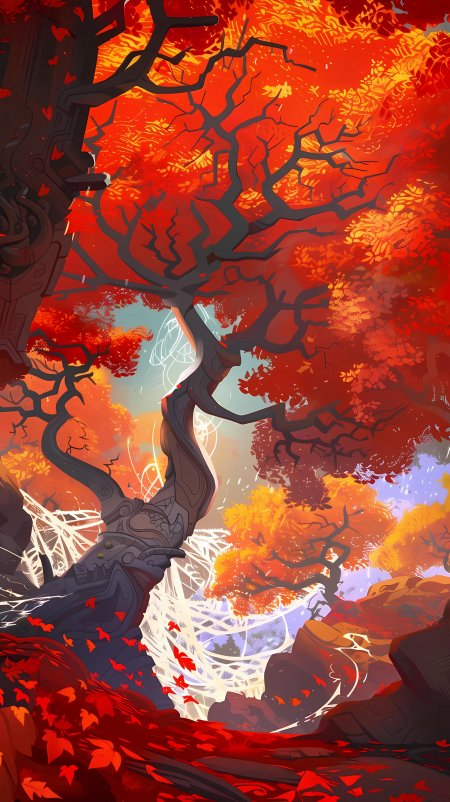 秋日红枫树下场景动漫手机壁纸