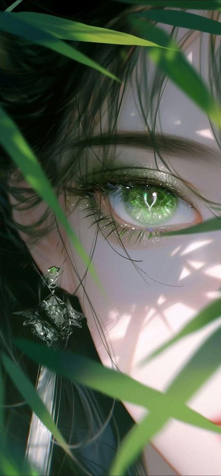 唯美古风少女绿瞳竹叶光影清新自然动漫手机壁纸