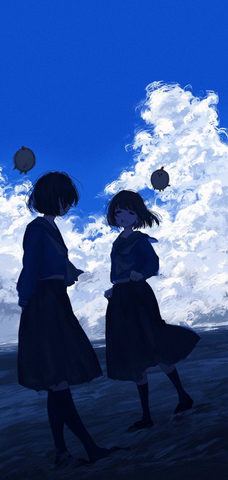 双人短发制服少女蓝天白云意境插画动漫手机壁纸