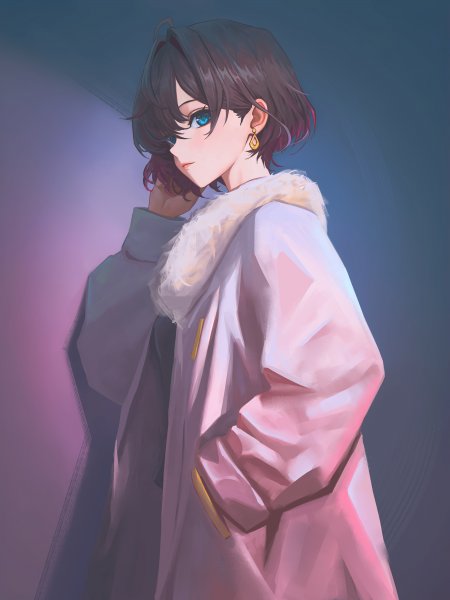 短发蓝眼少女白毛领外套侧颜唯美动漫手机壁纸纸