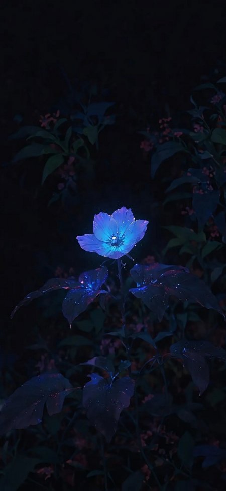深蓝荧光花朵夜色丛林静谧发光唯美风景手机壁纸