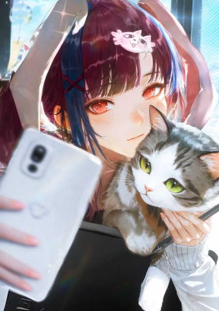绝区零薇薇安紫蓝发少女抱猫自拍温馨日常动漫手机壁纸
