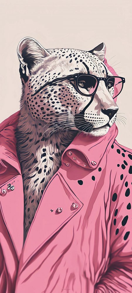 粉衣墨镜时尚猎豹插画潮流拟人萌宠动物手机壁纸