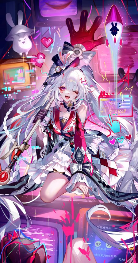 银发兔耳少女赛博朋克直播霓虹插画纹理手机壁纸