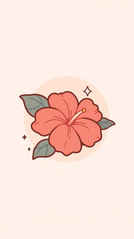 朱槿花扶桑花珊瑚粉扁平插画清新创意手机壁纸