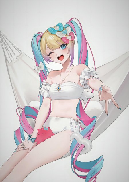 初音未来蓝粉双马尾少女夏日泳装躺椅休闲动漫手机壁纸