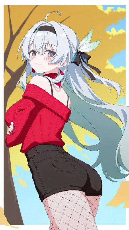 崩坏星穹铁道流萤银发少女秋日回眸红衣黑短裤网格袜动漫手机壁纸