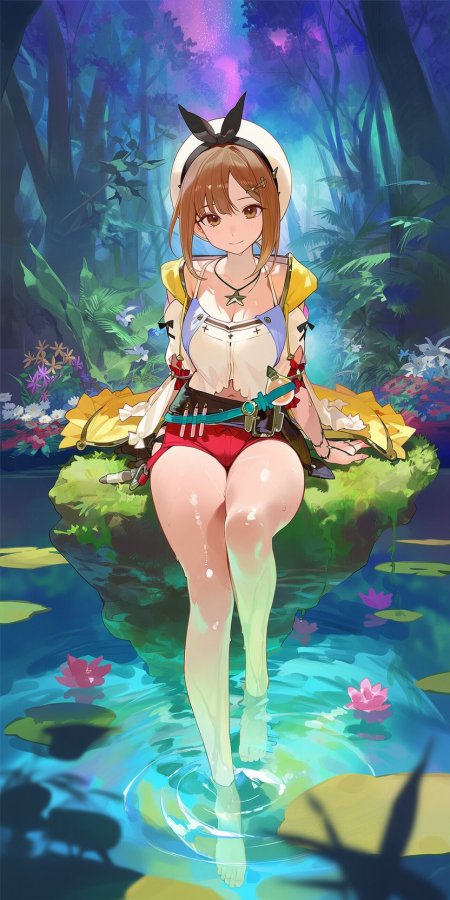 莱莎的炼金工房莱莎琳棕发少女森林水边坐姿游戏手机壁纸