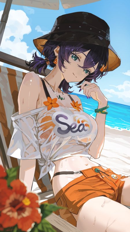 《绝区零》铃（夏日晴空Ver.）海滩度假戴渔夫帽穿透明罩衫动漫手机壁纸