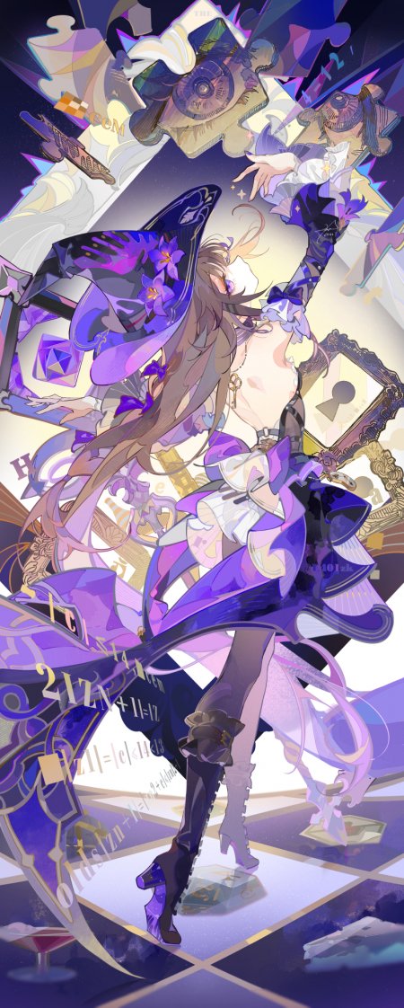 紫色几何空间中戴帽少女与魔法书共舞的奇幻场景崩坏星穹铁道黑塔游戏手机壁纸