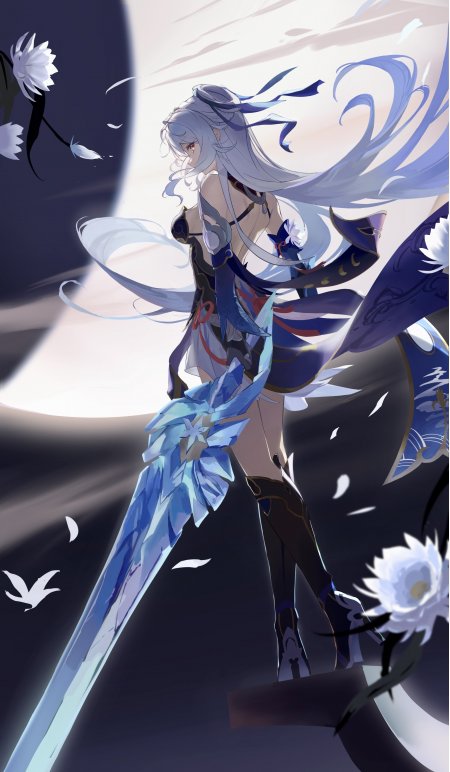 月夜下银发持剑身披深蓝战袍的少女崩坏星穹铁道镜流游戏手机壁纸