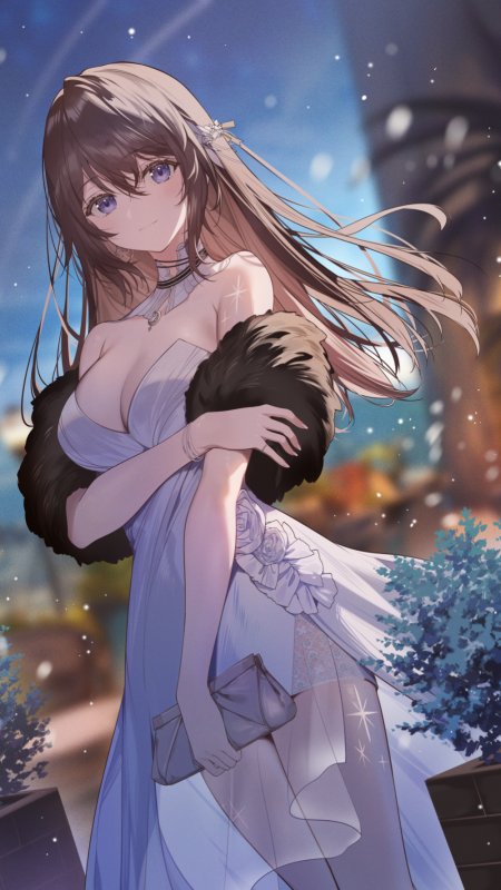 冬日雪夜中身穿淡紫色礼服怀抱毛绒披肩的长发蓝眼二次元少女动漫手机壁纸