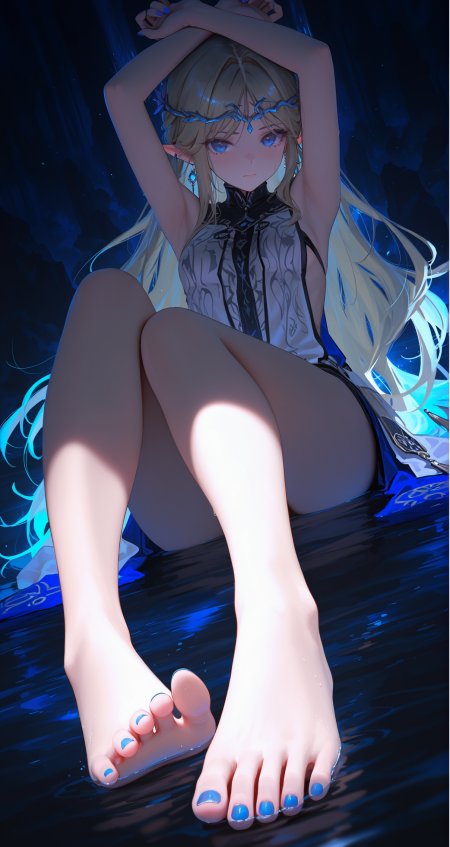 幽蓝水光中双手举过头顶的金发精灵耳少女鸣潮卡提希亚游戏手机壁纸