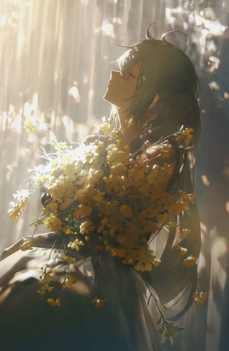 初音未来手持黄色花束阳光森林场景动漫手机壁纸