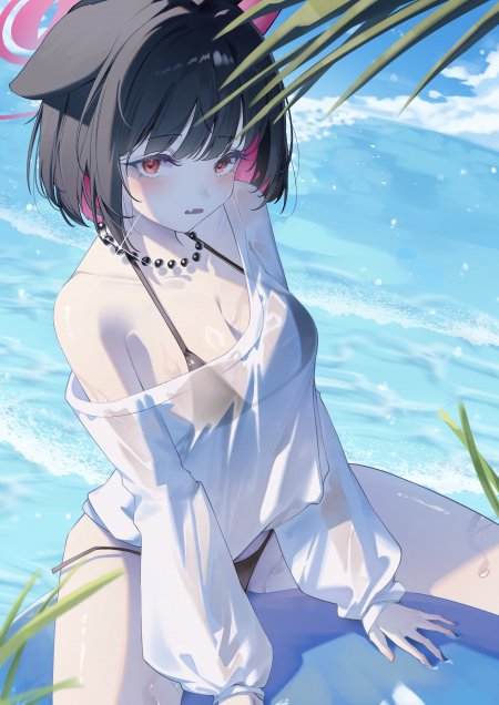 蔚蓝档案杏山和纱海边湿身白衬衫动漫手机壁纸