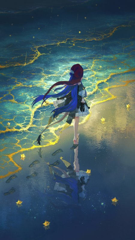 原神甘雨蓝发长裙立于星空水面倒影的唯美少女游戏手机壁纸