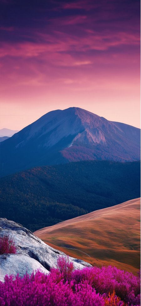紫色晚霞高山金坡粉色花丛壮丽自然风景手机壁纸