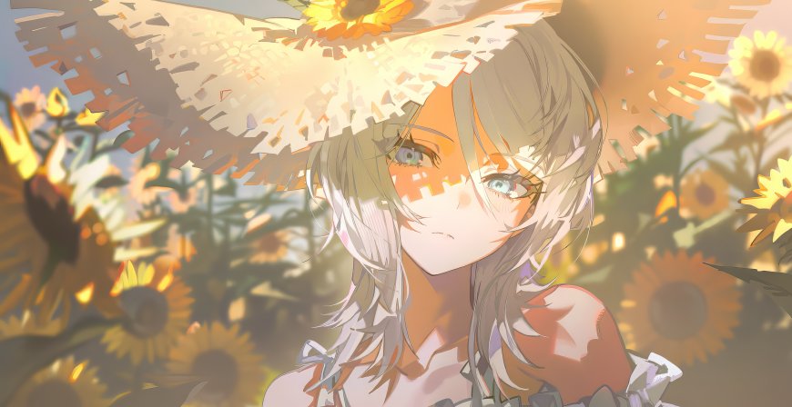银发少女荧向日葵花海夏日阳光唯美动漫电脑壁纸