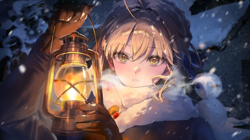 金发少女雪夜提灯暖光微笑动漫电脑壁纸