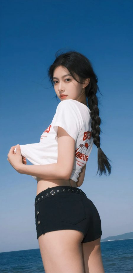 海边麻花辫回眸白短袖黑短裤清新人物手机壁纸