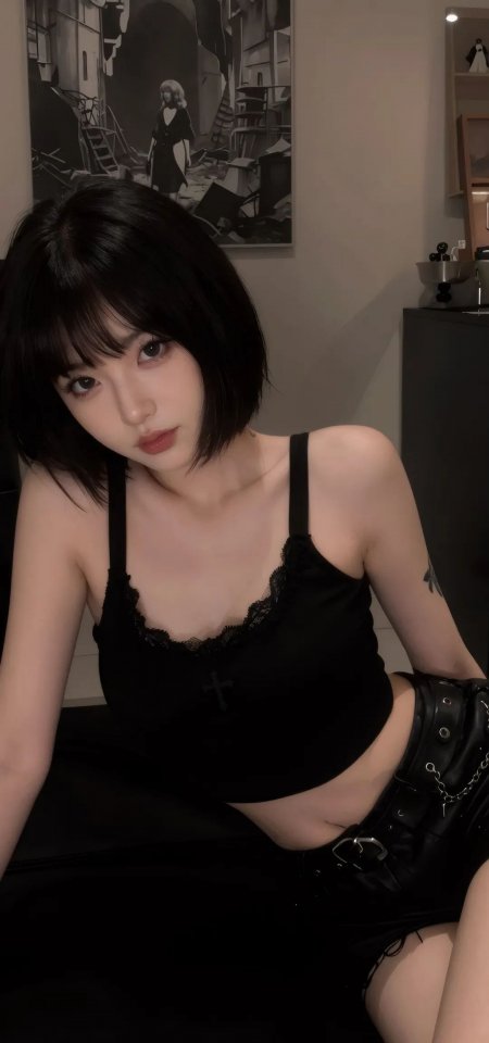 黑色蕾丝吊带皮短裤甜酷短发美女人物手机壁纸