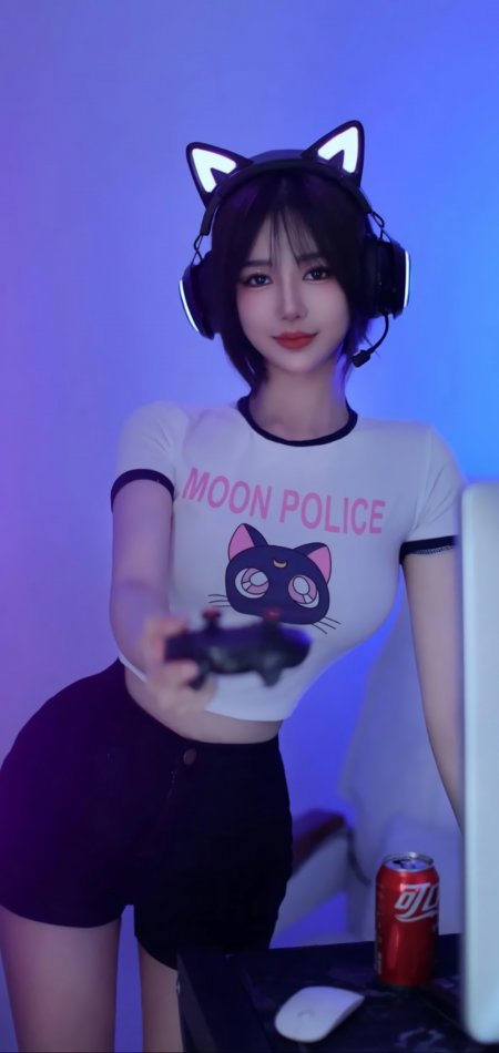 猫耳电竞耳机霓虹手柄宅系可爱美女人物手机壁纸
